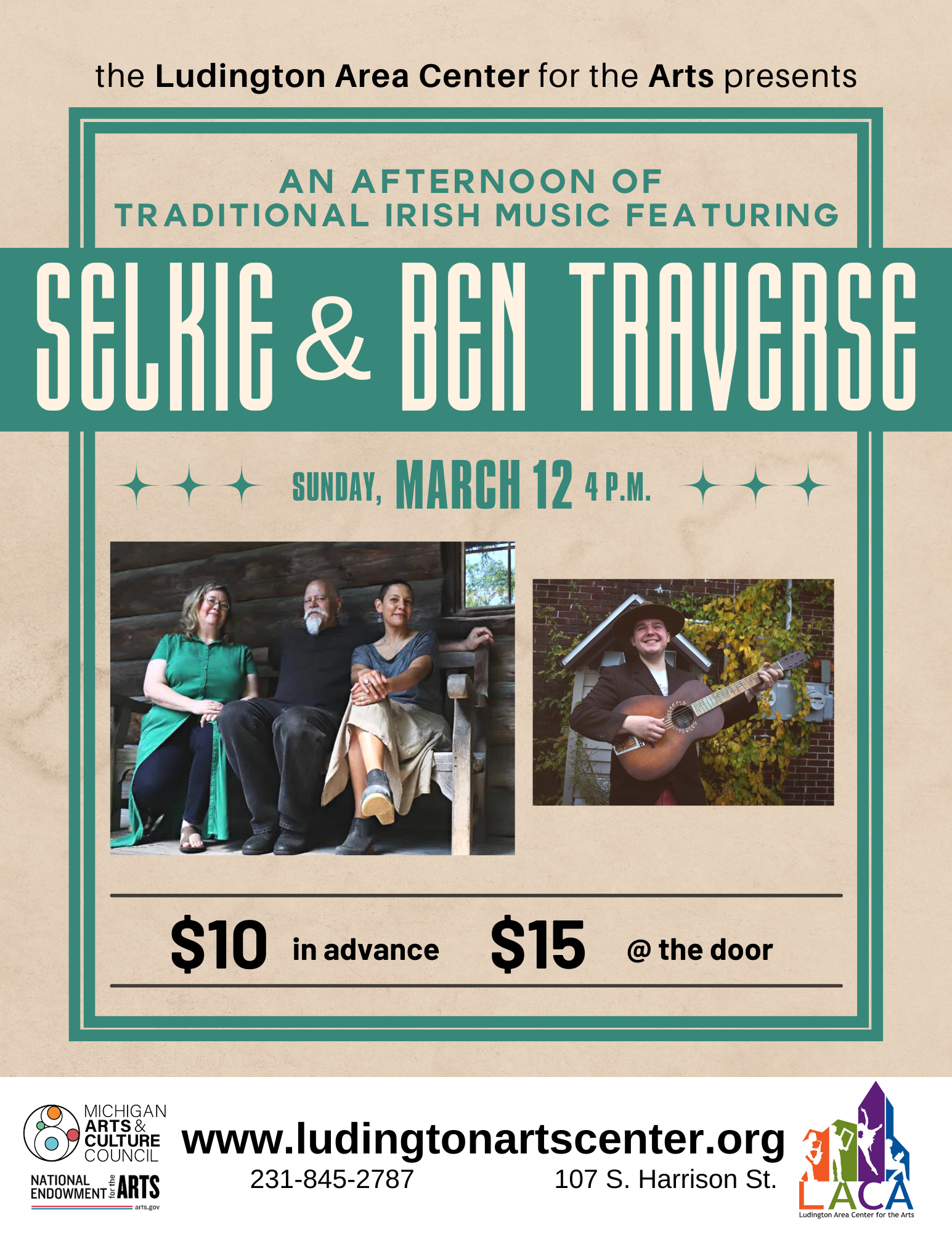 Concert poster for Selkie and Ben Traverse at Ludington Area Center for the Arts 