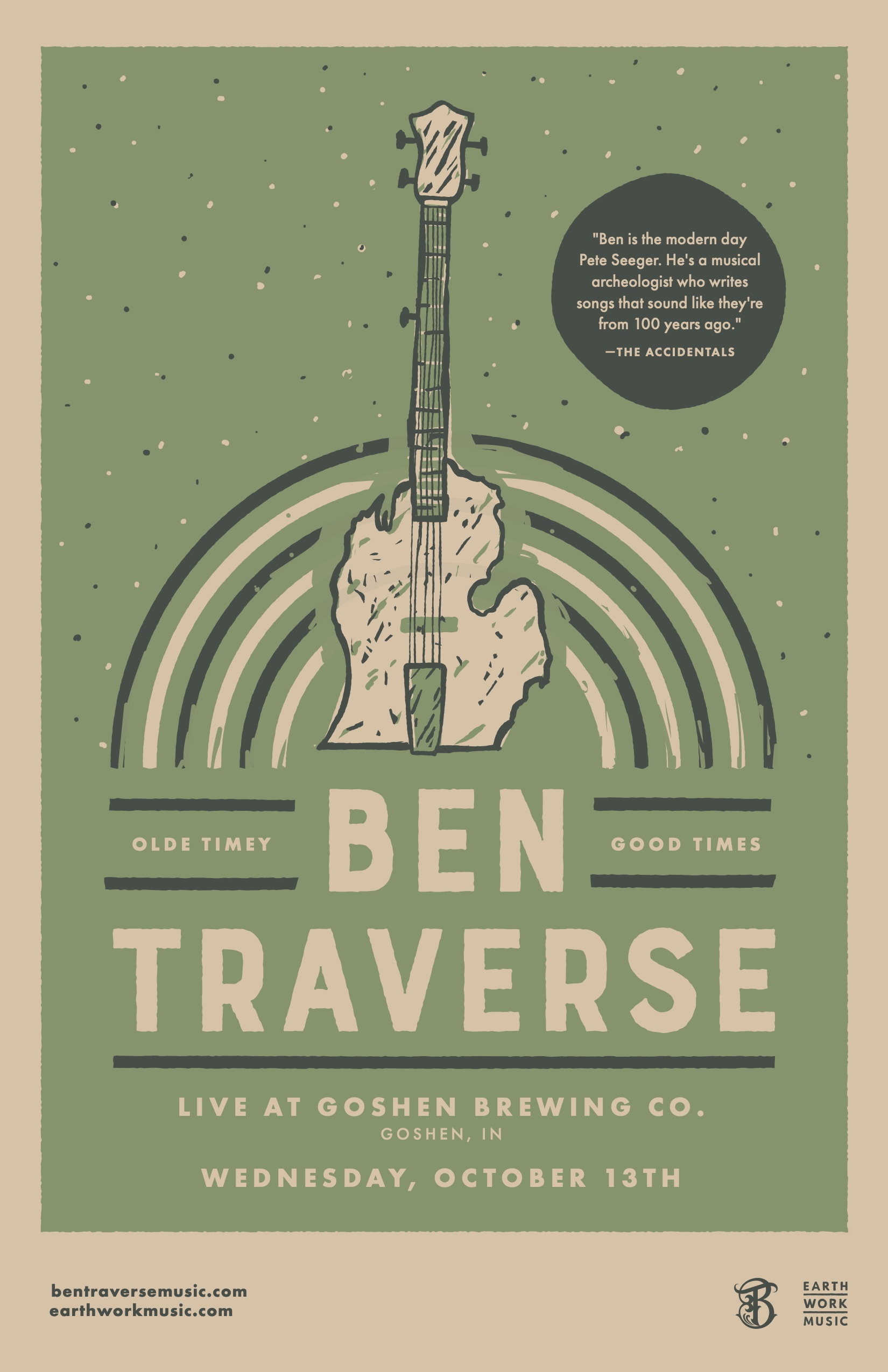 Poster featuring Michigan's lower peninsula being used as the body of a banjo. The show is Ben Traverse playing at Goshen Brewing Co. on Wednesday, October 13th, 2021.
