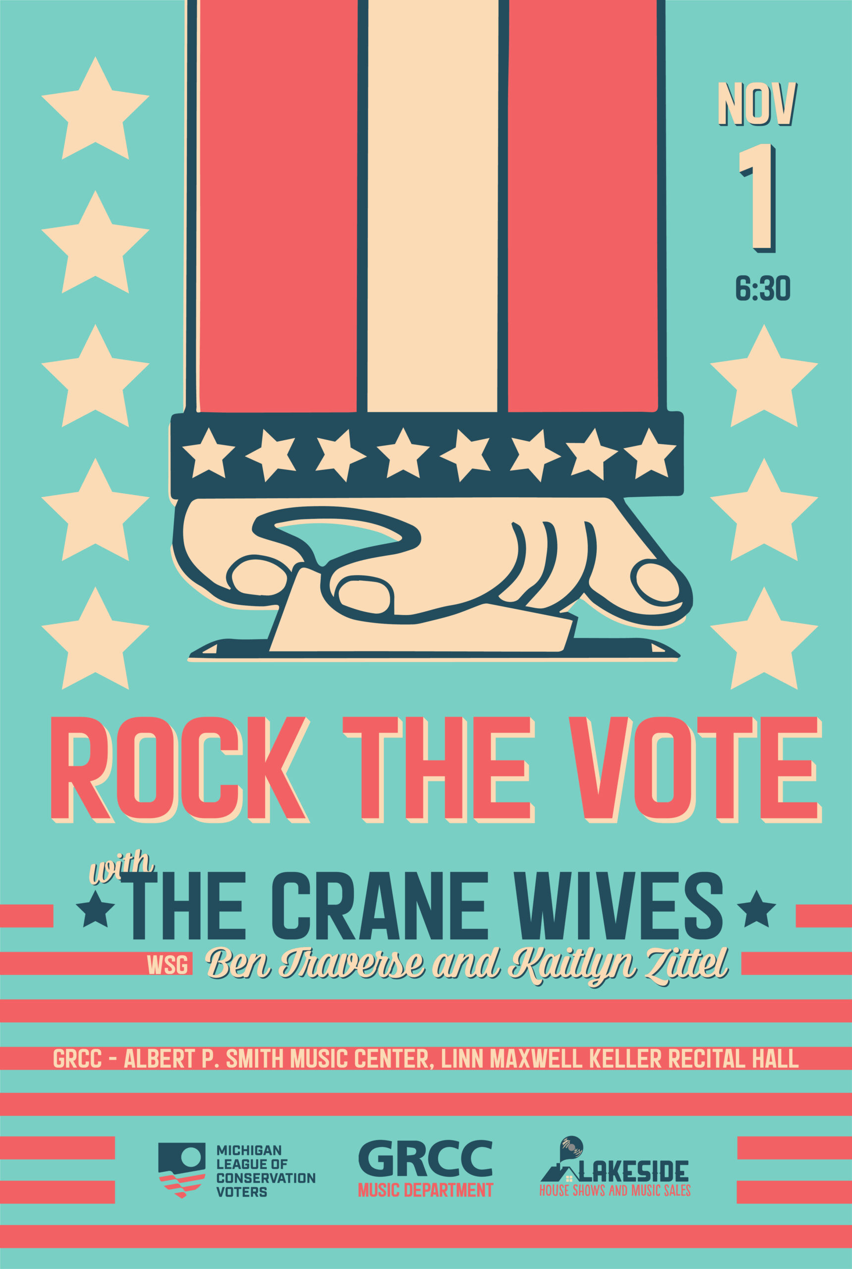 Rock the Vote concert poster featuring The Crane Wives, Ben Traverse, and Kaitlin Zittel.