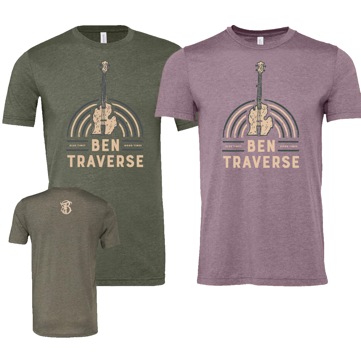 New Ben Traverse t-shirt design featuring Michigan's Lower Peninsula as a banjo with the phrase "olde timey good times, ben traverse"